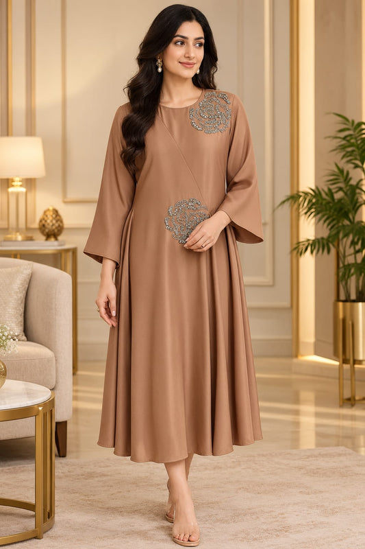 Beige Floral Embroidered Bell Sleeve Flared Midi Dress
