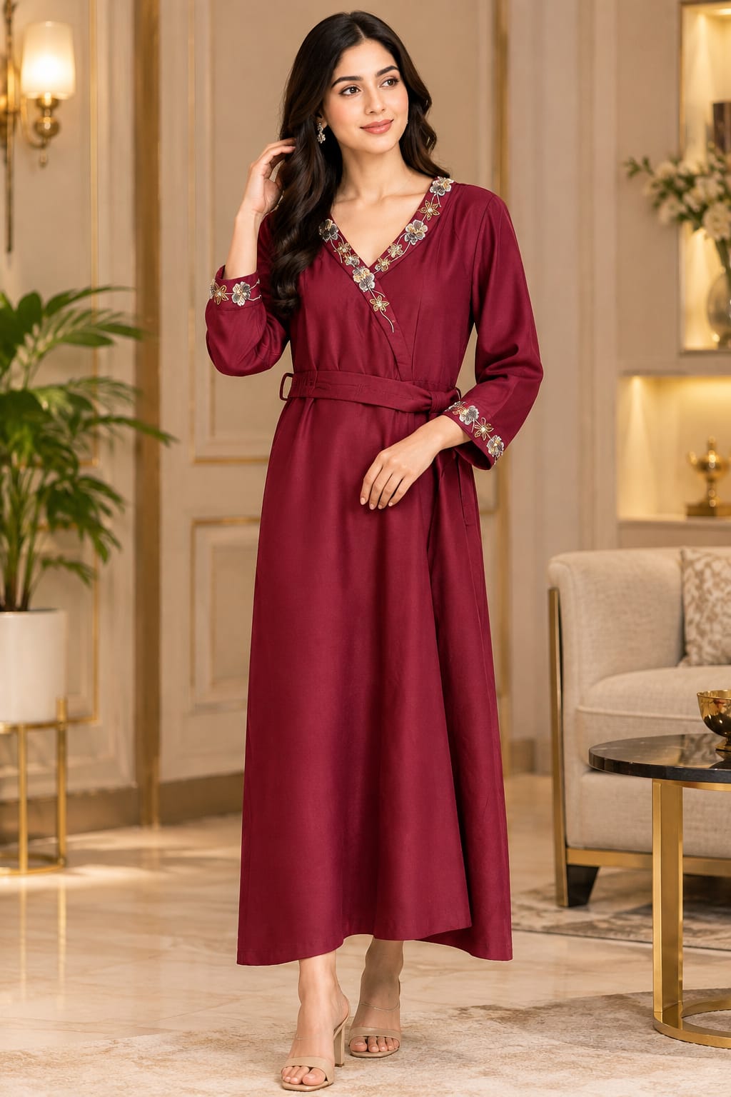 Maroon Embroidered Neckline Anarkali Midi Dress