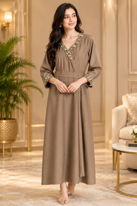 Embroidered Neckline A-Line Midi Dress - Beig