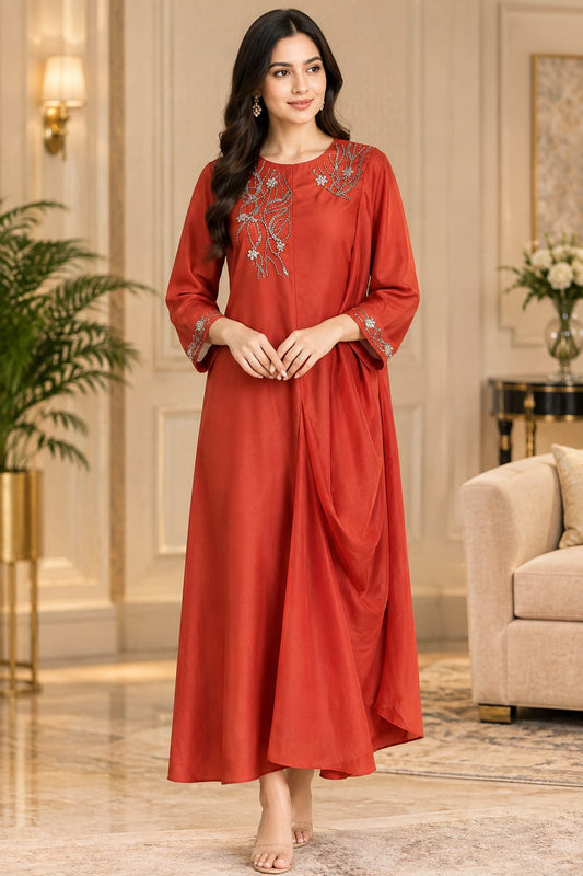 Rust Red Embroidered Neckline Flared Midi Dress