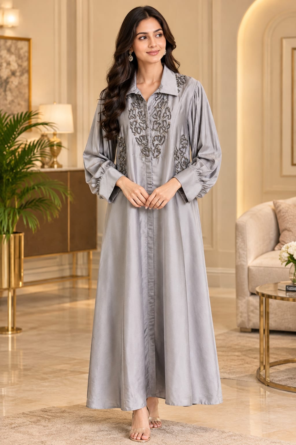 Grey Floral Embroidered Shirt Collar Flared Midi Dress
