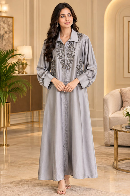 Grey Floral Embroidered Shirt Collar Flared Midi Dress