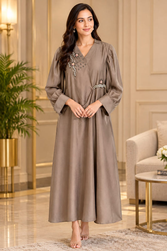 Taupe Brown Embroidered Angrakha Flared Midi Dress