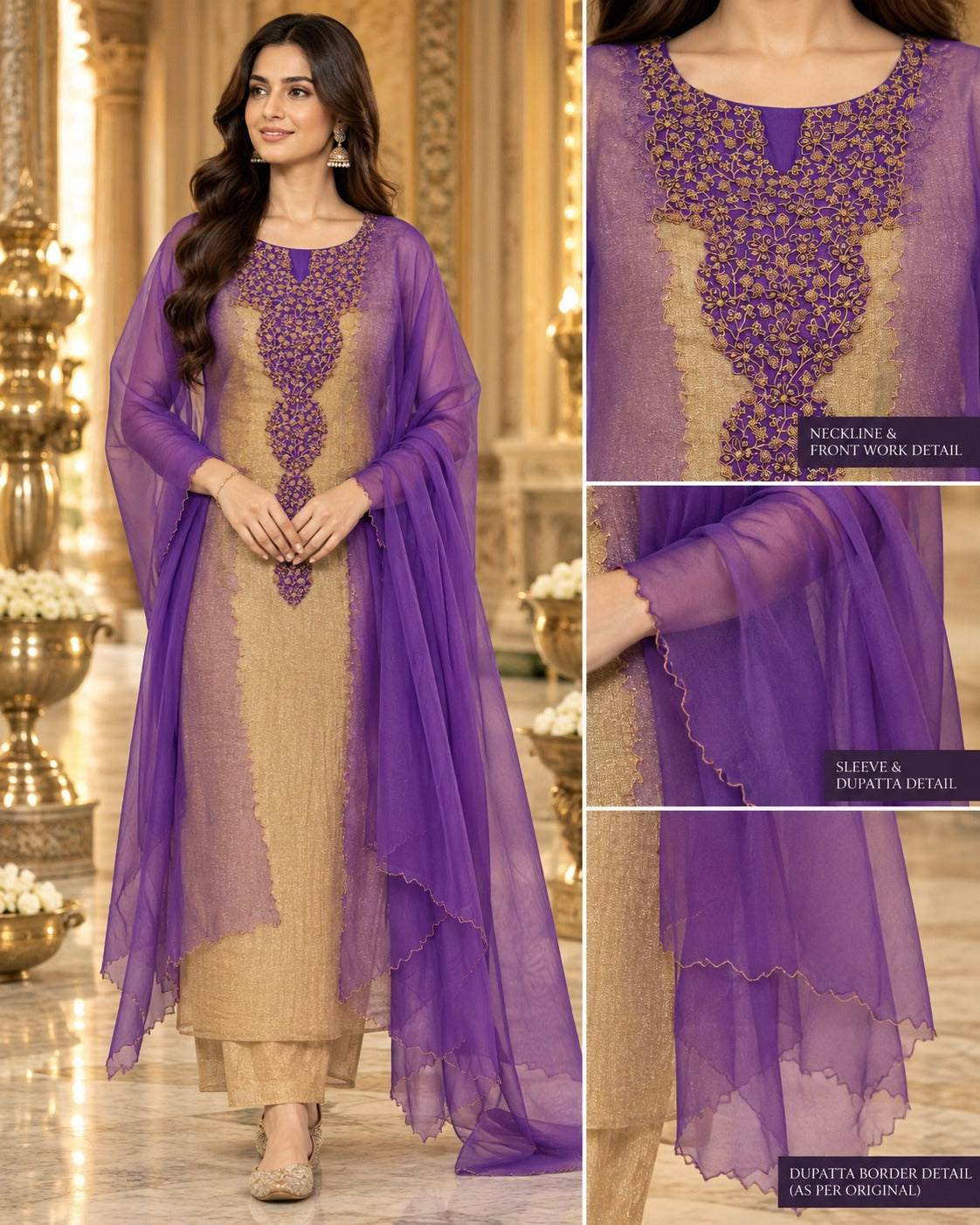 Purple & Beige Embroidered Neckline Unstitched Suit Set with Net Dupatta