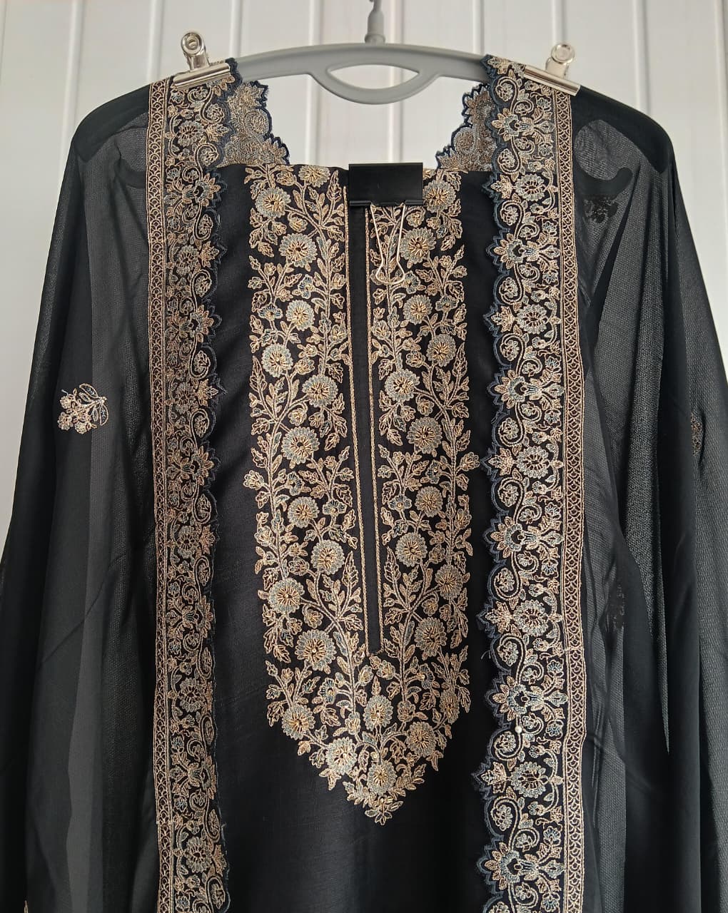 Black Heavily Embroidered Neckline Unstitched Suit Set