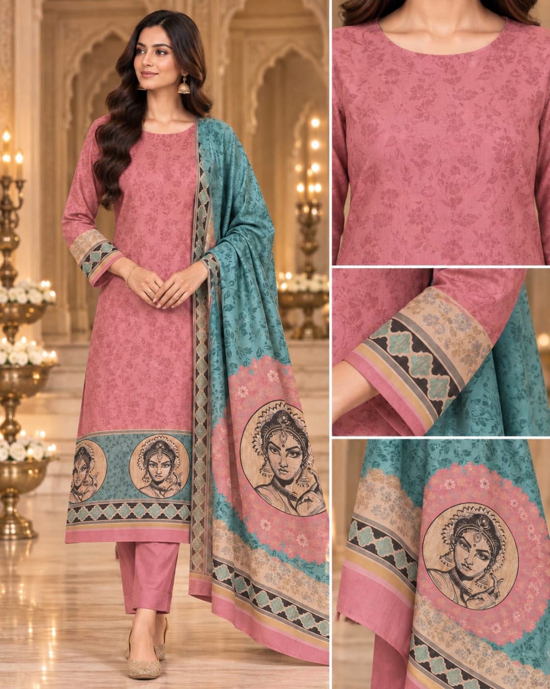 Dusty Rose Printed Unstitched Suit Set with Artistic Figure Motif Dupatta