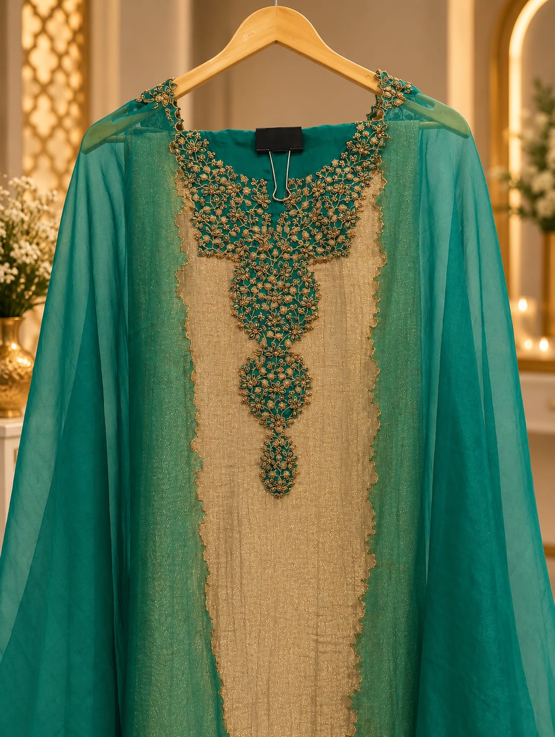 Teal Green & Beige Heavy Embroidered Neckline Unstitched Suit Set