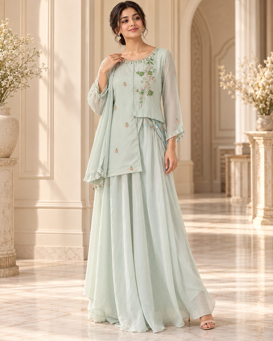 Mint Green Floral Embroidered Indo-Western Kurti & Layered Sharara Set