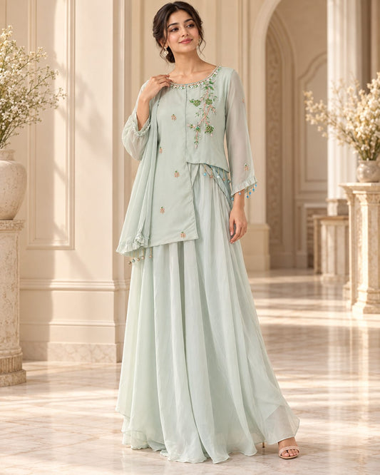 Mint Green Floral Embroidered Indo-Western Kurti & Layered Sharara Set