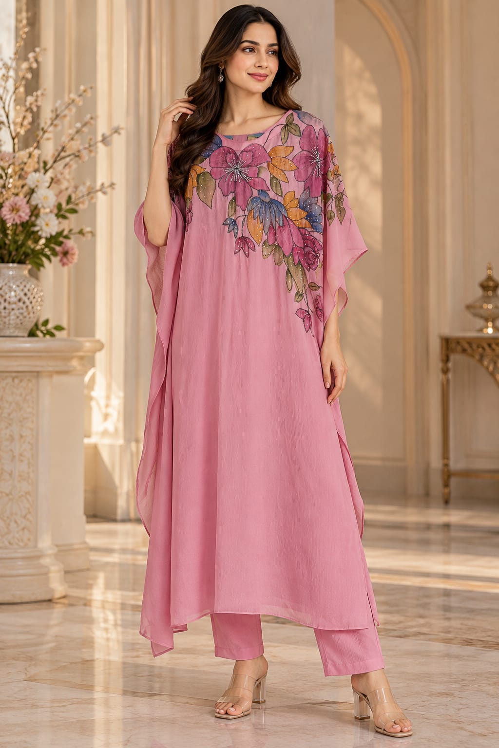 Pink Floral Embroidered Indo-Western Kaftan Kurti & Straight Pant Set