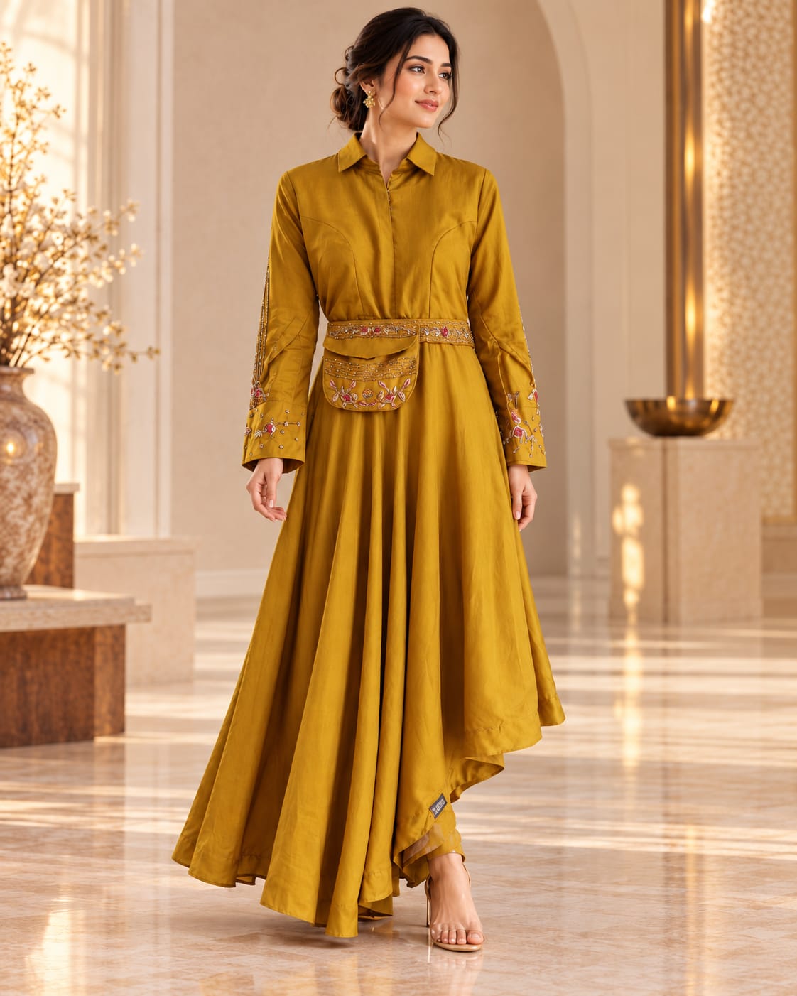 Mustard Yellow Embroidered Indo-Western Anarkali Gown with Crossbody Belt Detail