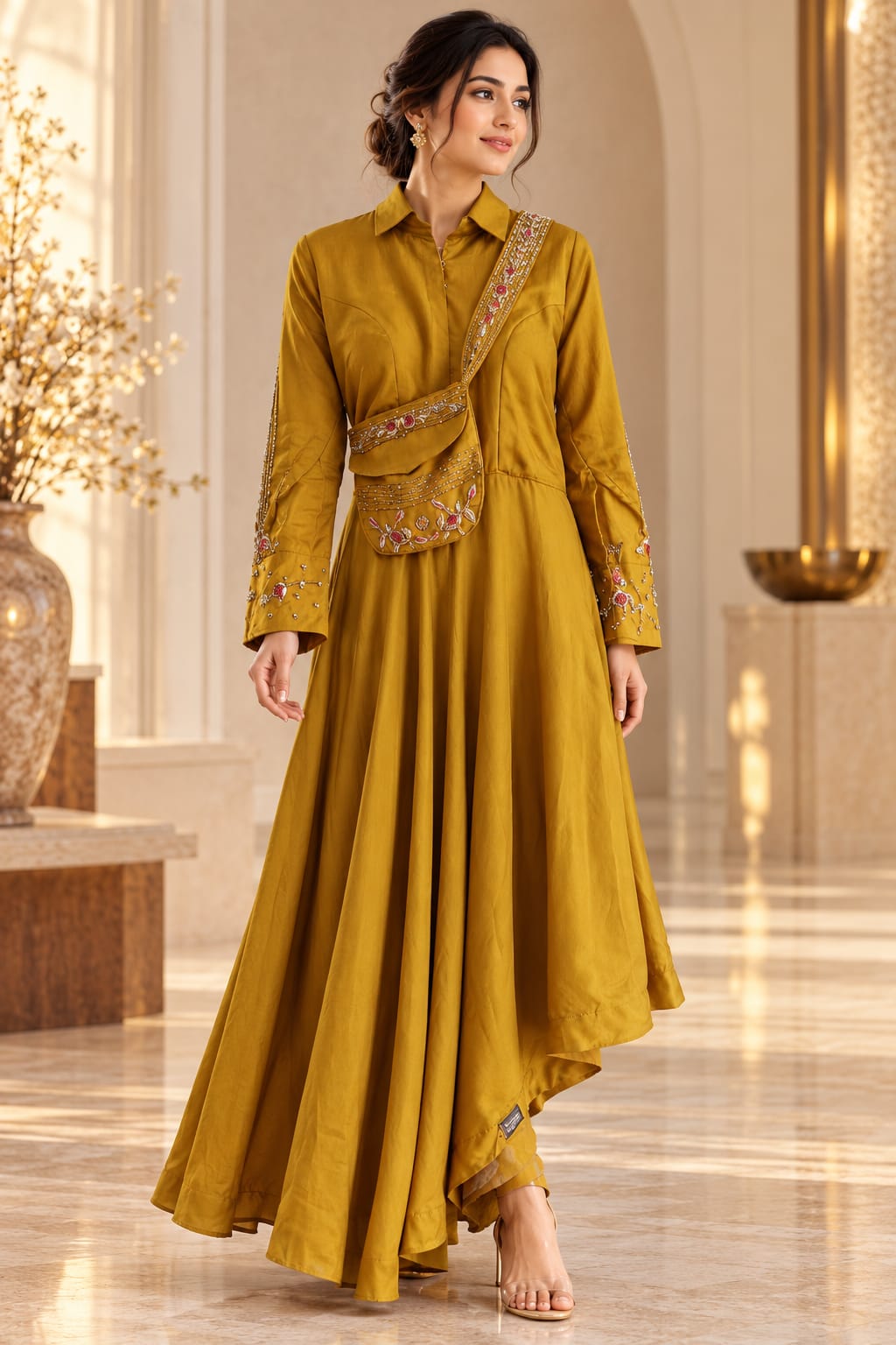 Mustard Yellow Embroidered Indo-Western Anarkali Gown with Crossbody Belt Detail