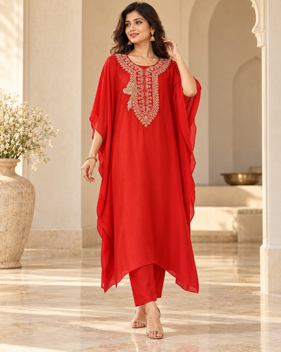 Red Embroidered Indo-Western Kaftan Kurti & Straight Pant Set