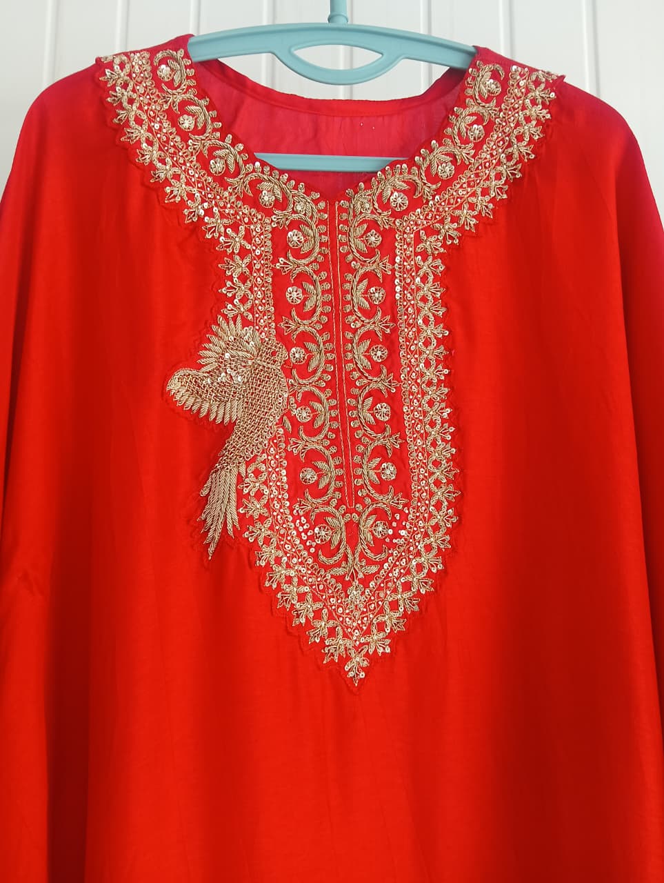 Red Embroidered Indo-Western Kaftan Kurti & Straight Pant Set