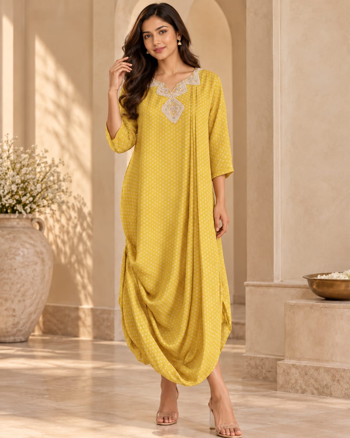 Yellow Embroidered Indo-Western Dhoti Style Cowl Gown / Tunic Set