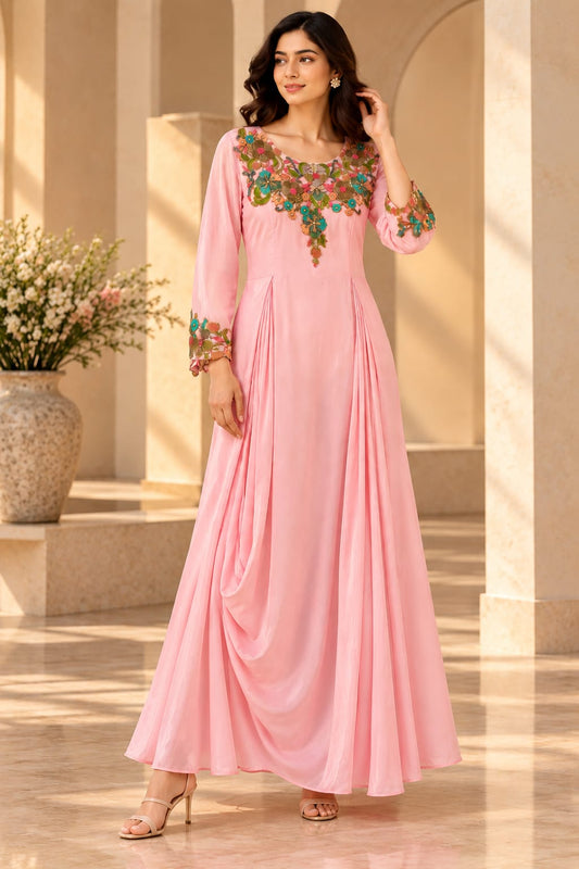 Baby Pink Floral Embroidered Indo-Western Anarkali Gown / Maxidress