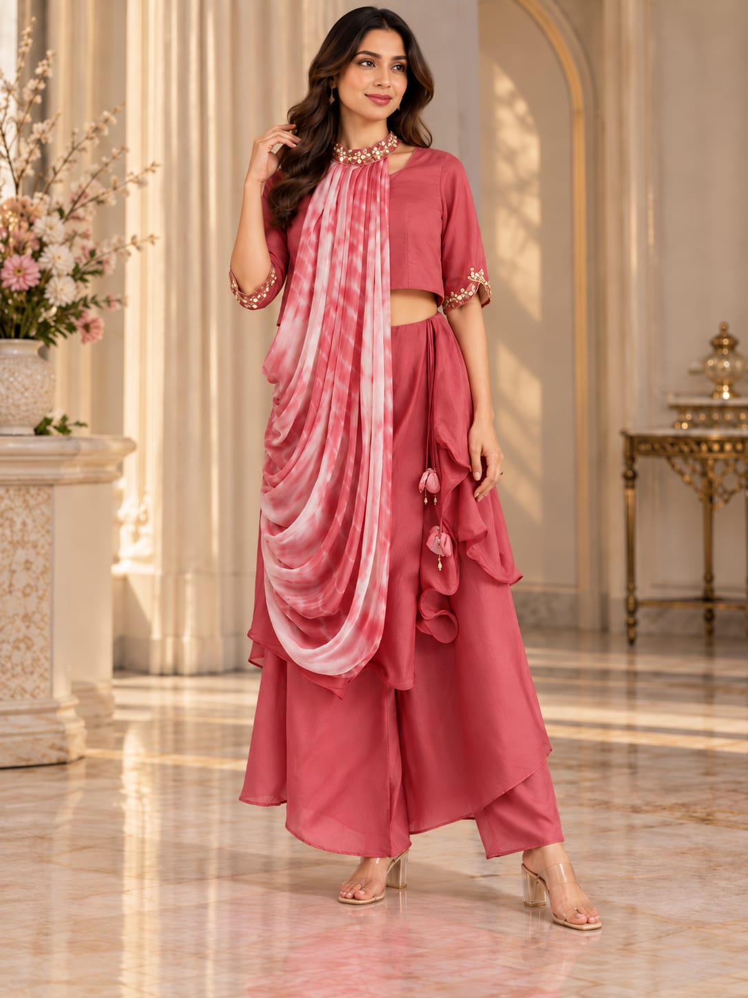Pink Embroidered Indo-Western Crop Top & Palazzo Set