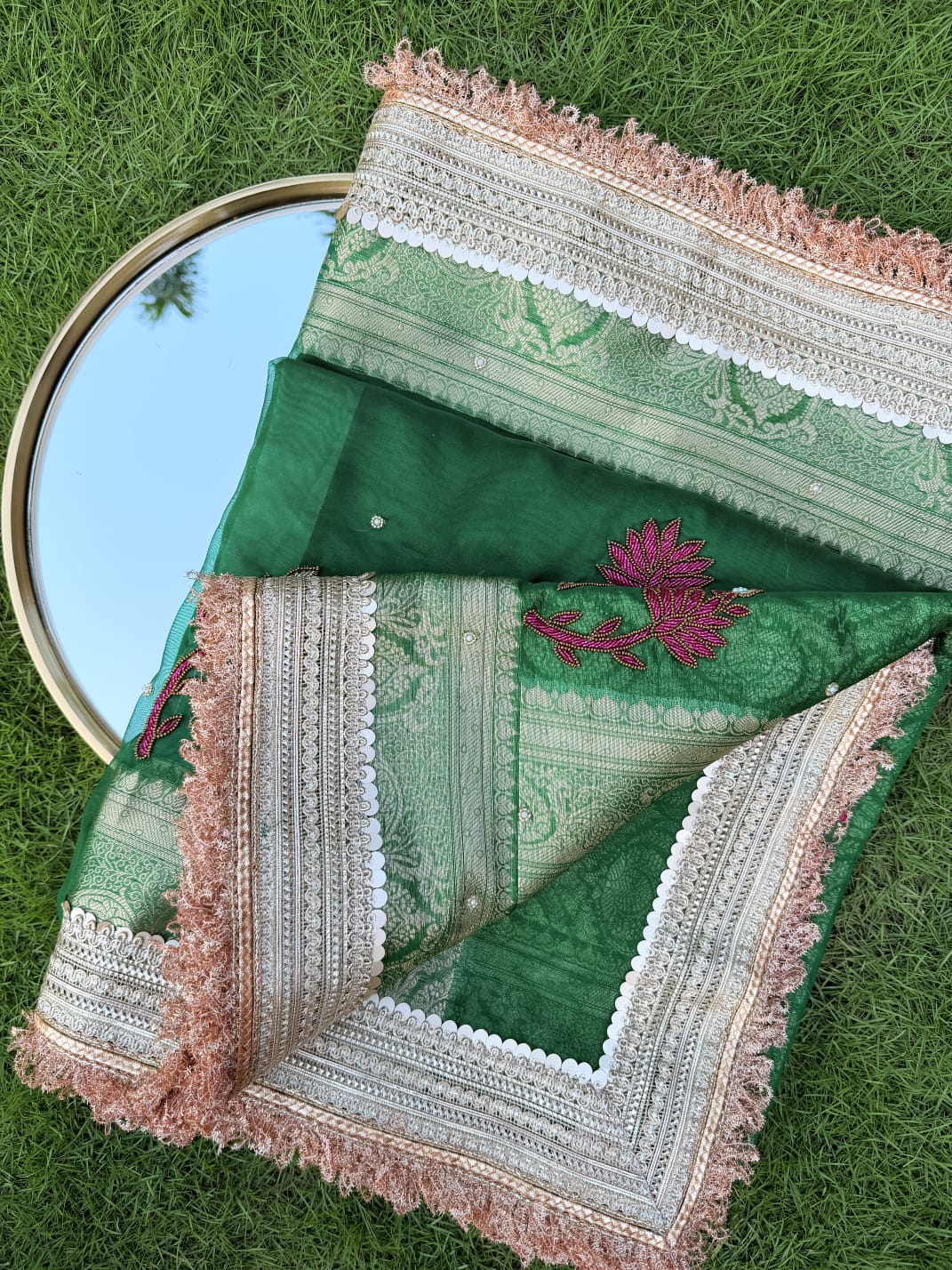 Emerald Green Organza Saree with Intricate Camel Motif & Cutwork Lace Border Embroidery