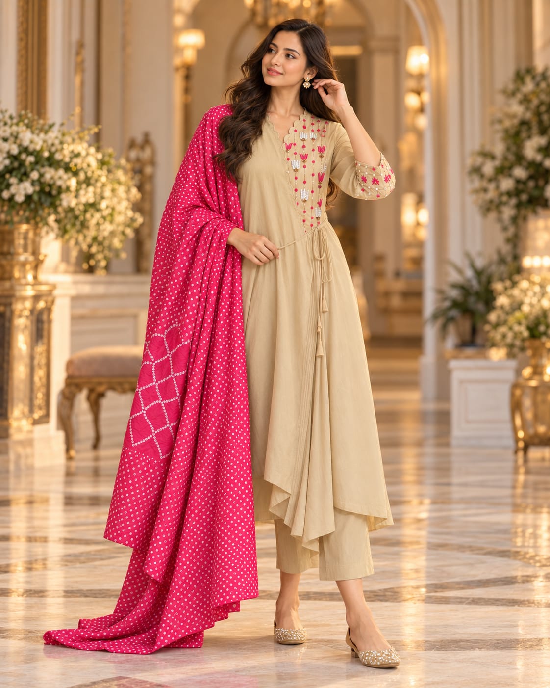 Beige Embroidered Asymmetrical Kurti Set with Vibrant Hot Pink Bandhani Dupatta