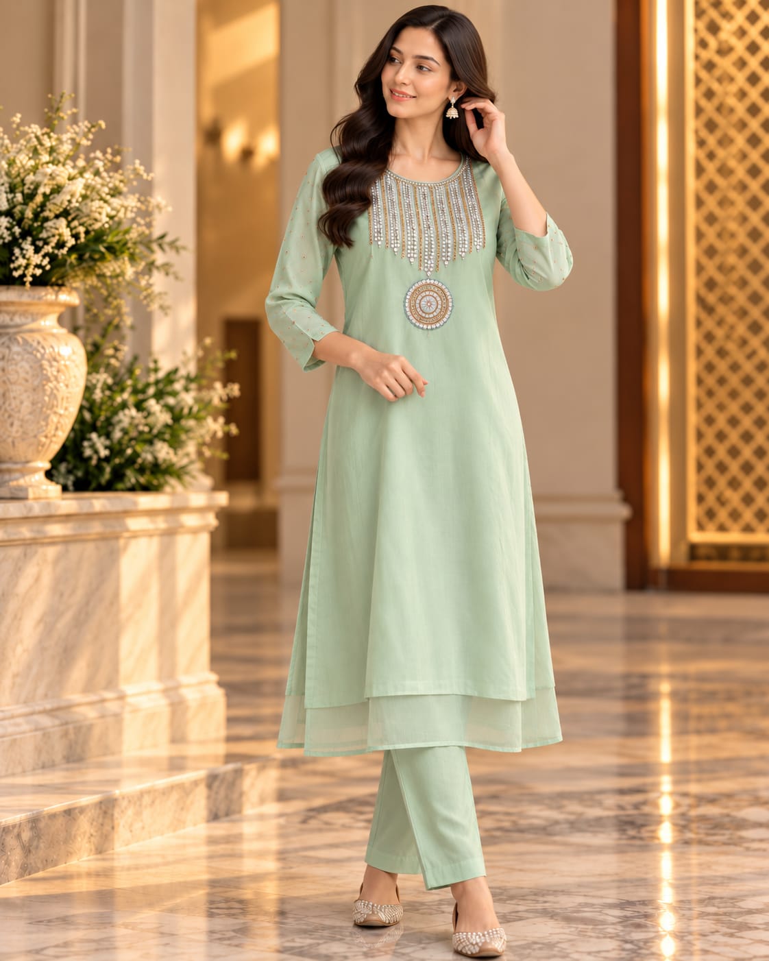 Light Mint Green Layered Kurti Set with Ornate Embroidered Neck Yoke & Pendant Motif