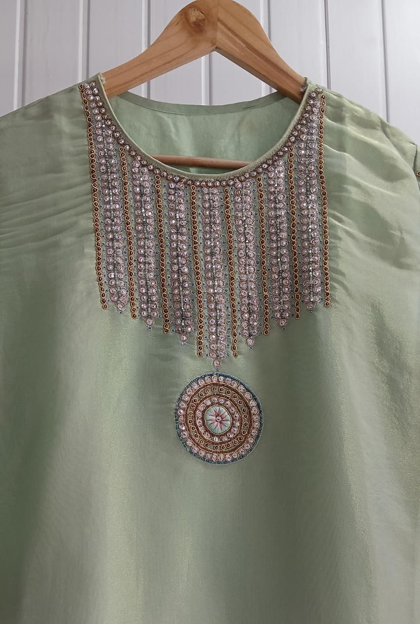 Light Mint Green Layered Kurti Set with Ornate Embroidered Neck Yoke & Pendant Motif