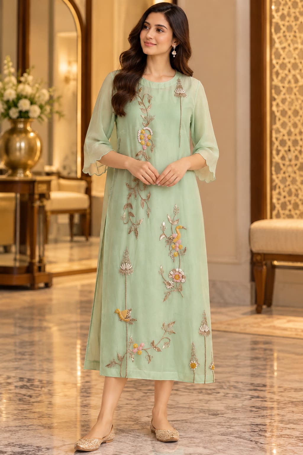 Pista Green Floral Embroidered Straight Kurti Dress /Anarkali