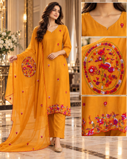 Mustard Yellow Embroidered V-Neck Kurti Set with Statement Floral Medallion Dupatta