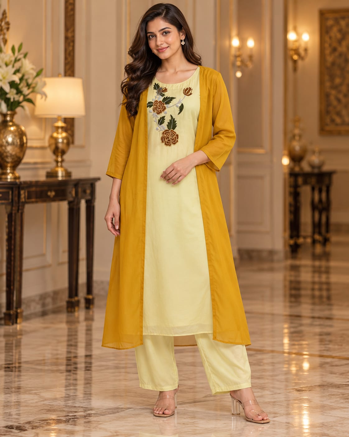 Pastel Yellow Embroidered Kurti Set with Contrast Mustard Long Jacket