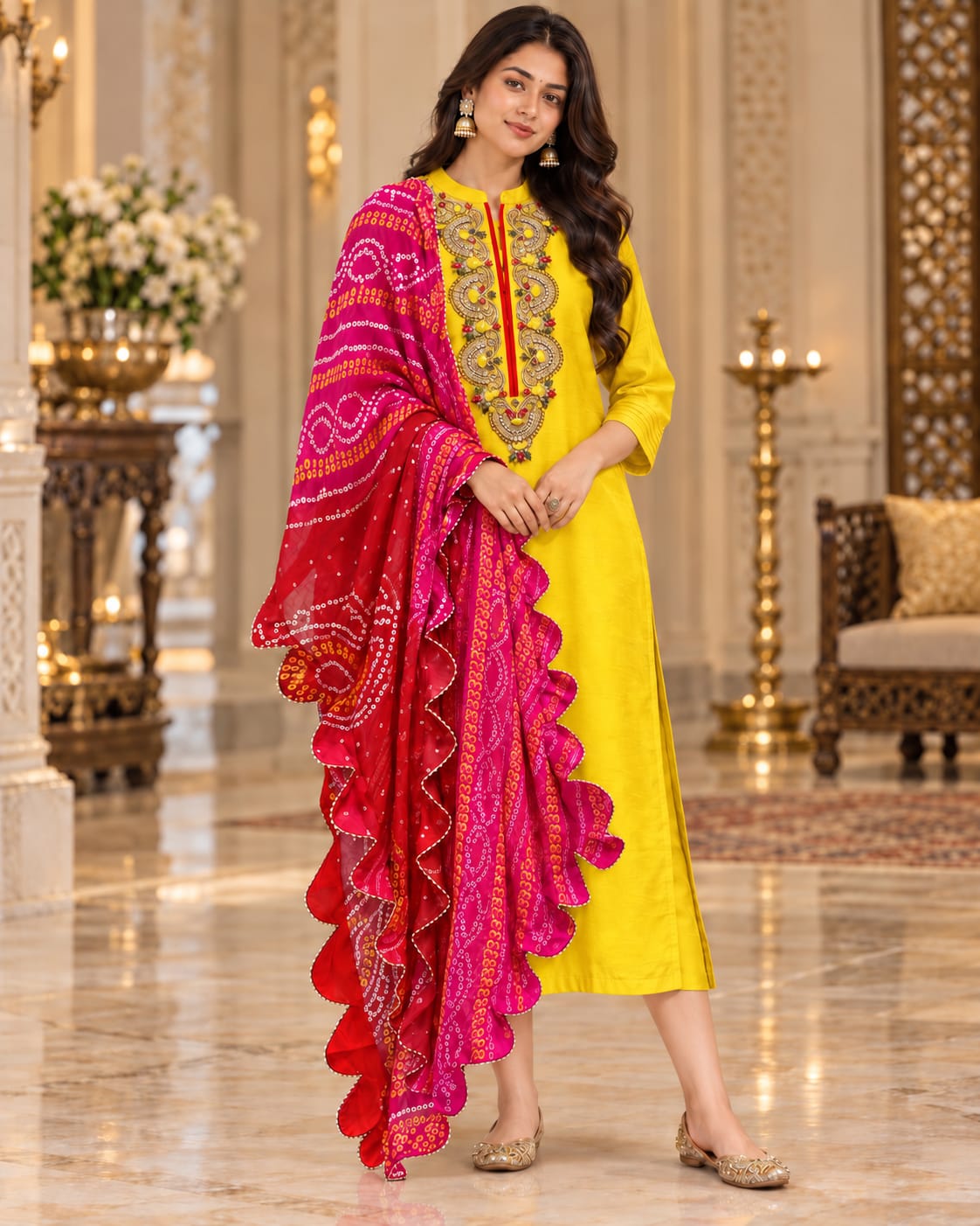 Bright Yellow Embroidered Kurti with Contrast Hot Pink Bandhani Dupatta Suit Set