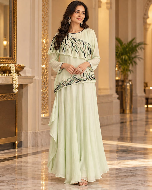 Pastel Sea Green Embroidered Tiered Peplum Gown / Indo-Western Maxi Dress
