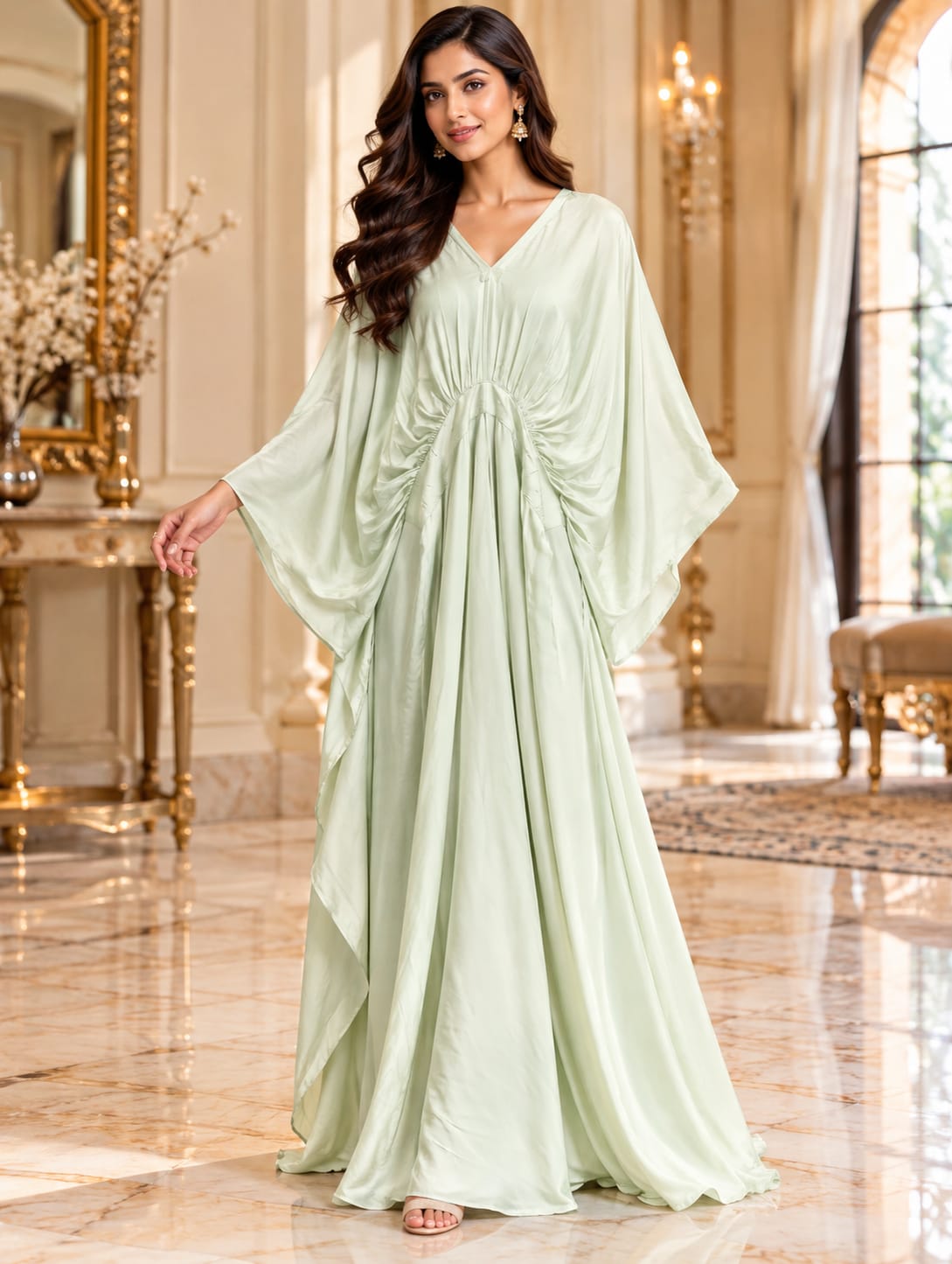 Pastel Mint Green Gathered Kaftan Maxidress with Embroidered V-Neckline