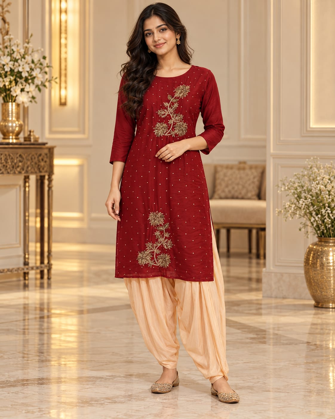 Deep Maroon Red Embroidered Kurti & Dhoti Pants Set