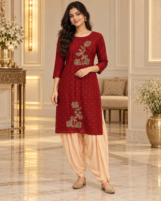 Deep Maroon Red Embroidered Kurti & Dhoti Pants Set