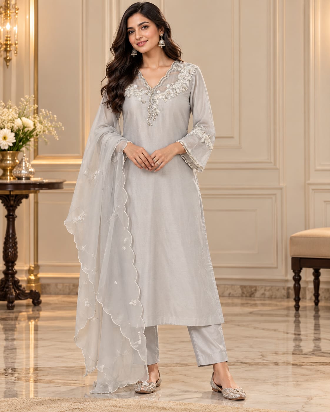 Light Silver Grey Embroidered Kurti Set with Matching Organza Dupatta