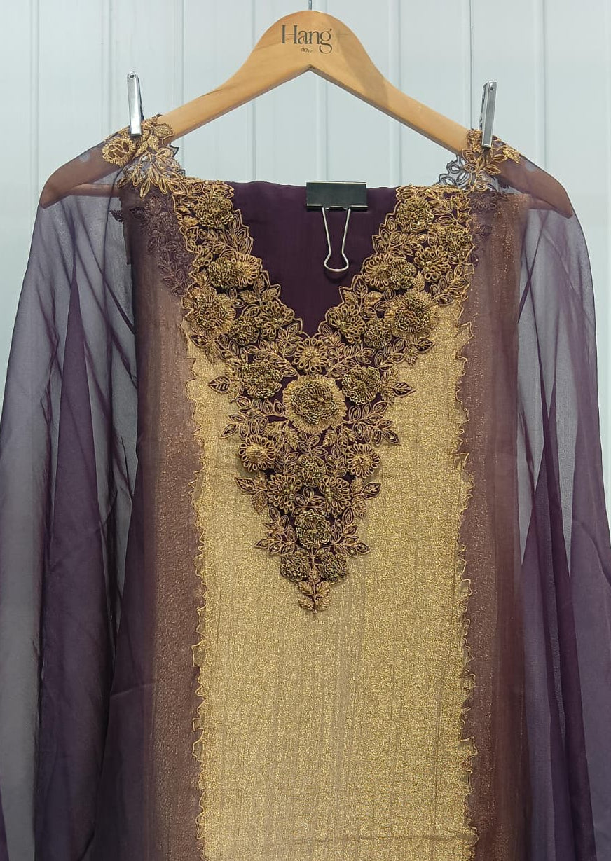 Deep Purple & Gold Embroidered Unstitched Kurti Set with Sheer Dupatta
