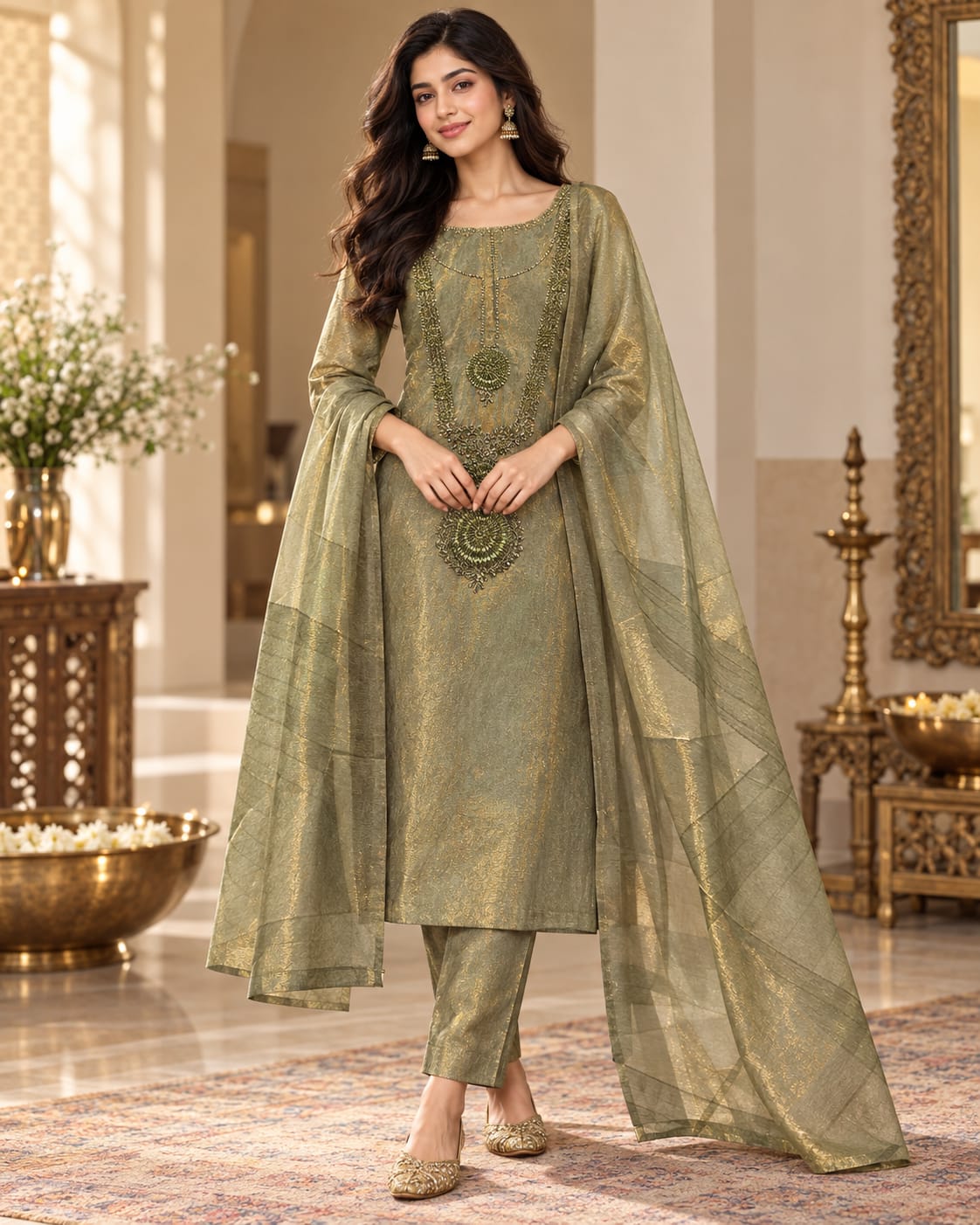 Olive Green Embroidered Straight Kurti Set with Sheer Organza Dupatta