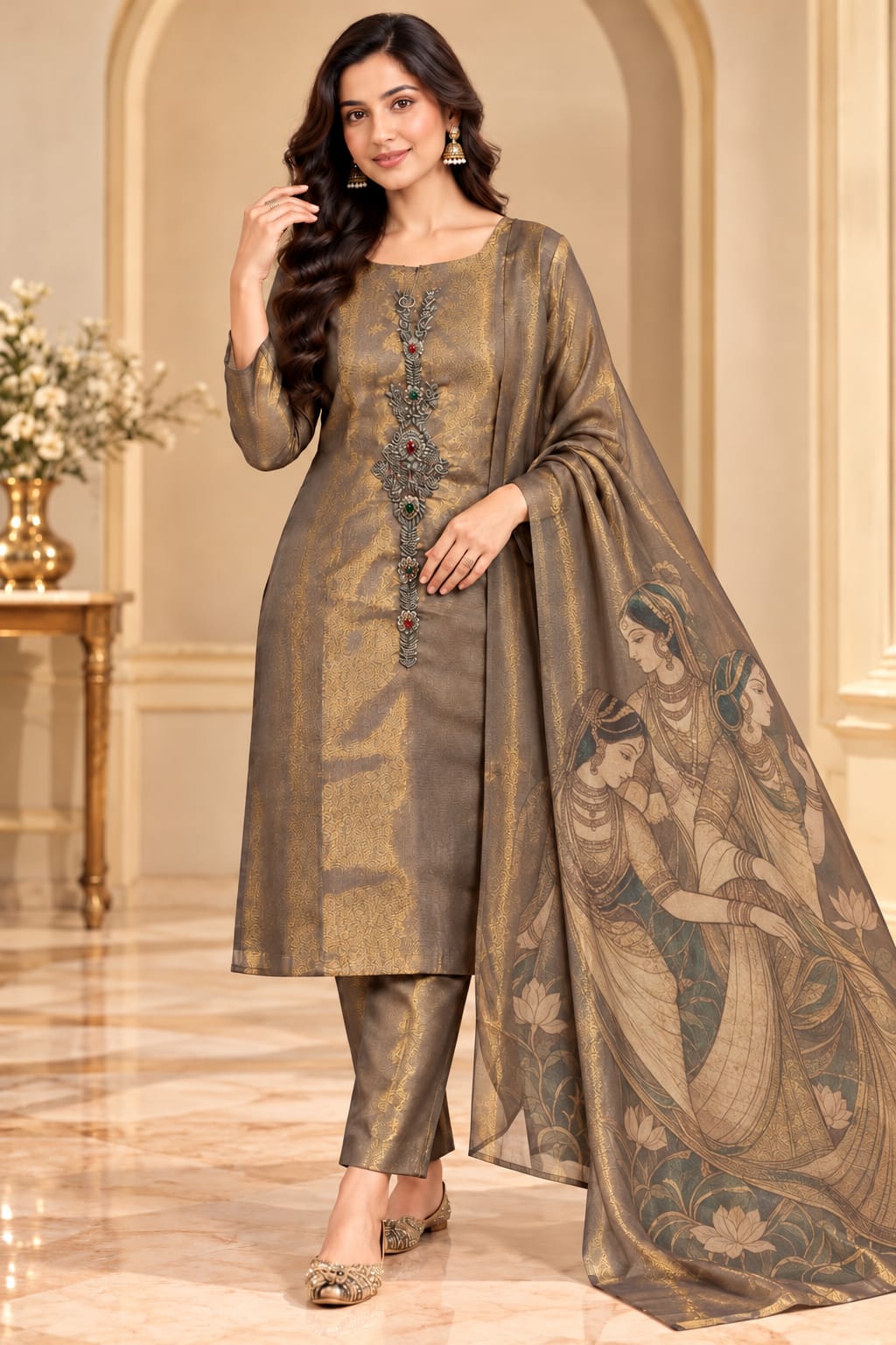 Bronze Gold Embroidered Unstitched Kurti Set with Sheer Organza Dupatta