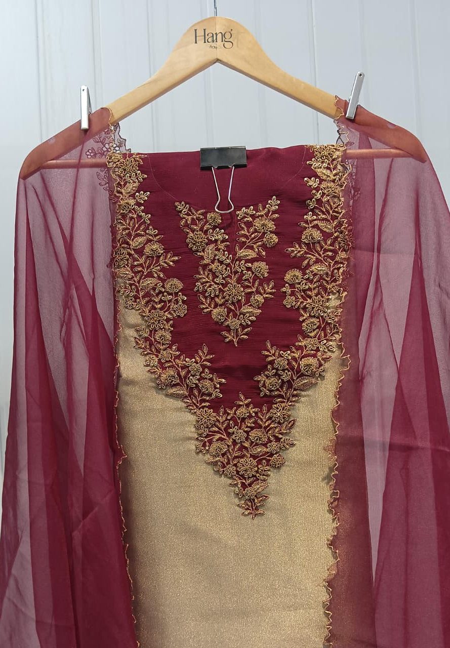 Burgundy Silk & Gold Embroidered Unstitched Kurti Suit Material with Sheer Burgundy Dupatta