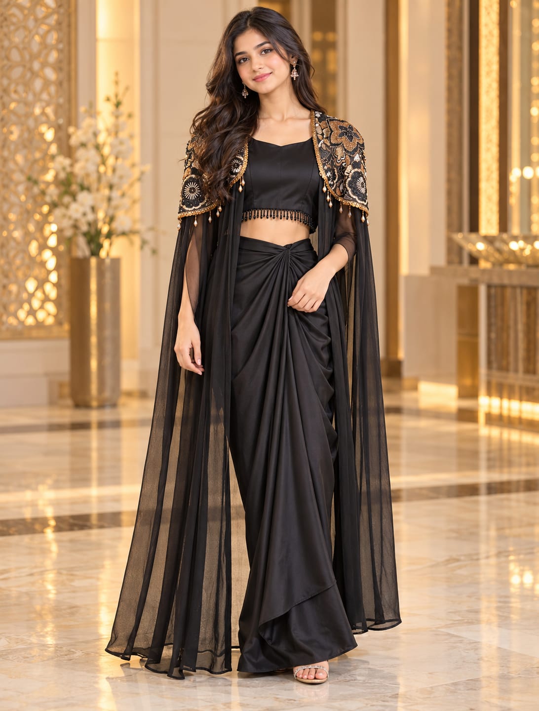 Black Embellished Cape with Draped Skirt Indo-Western Set