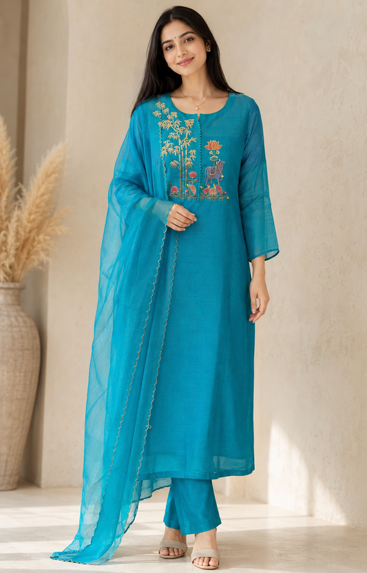 Turquoise Blue embroided suit piece