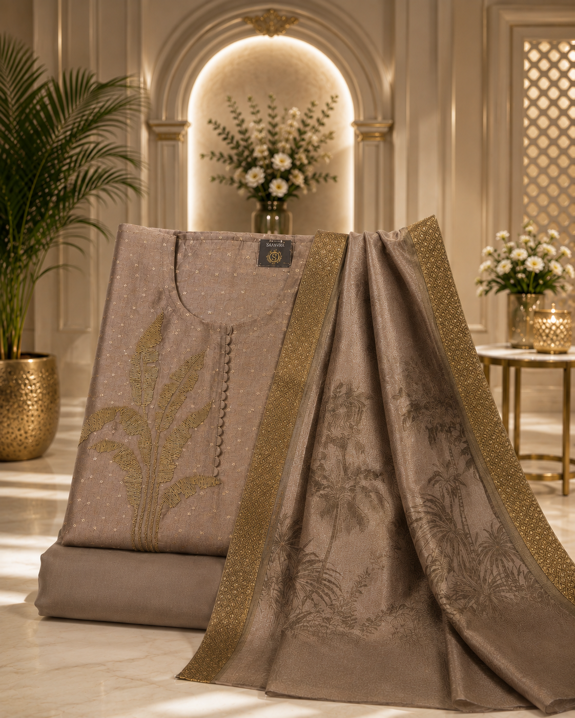 Taupe Brown Botanical Embroidered Suit Set