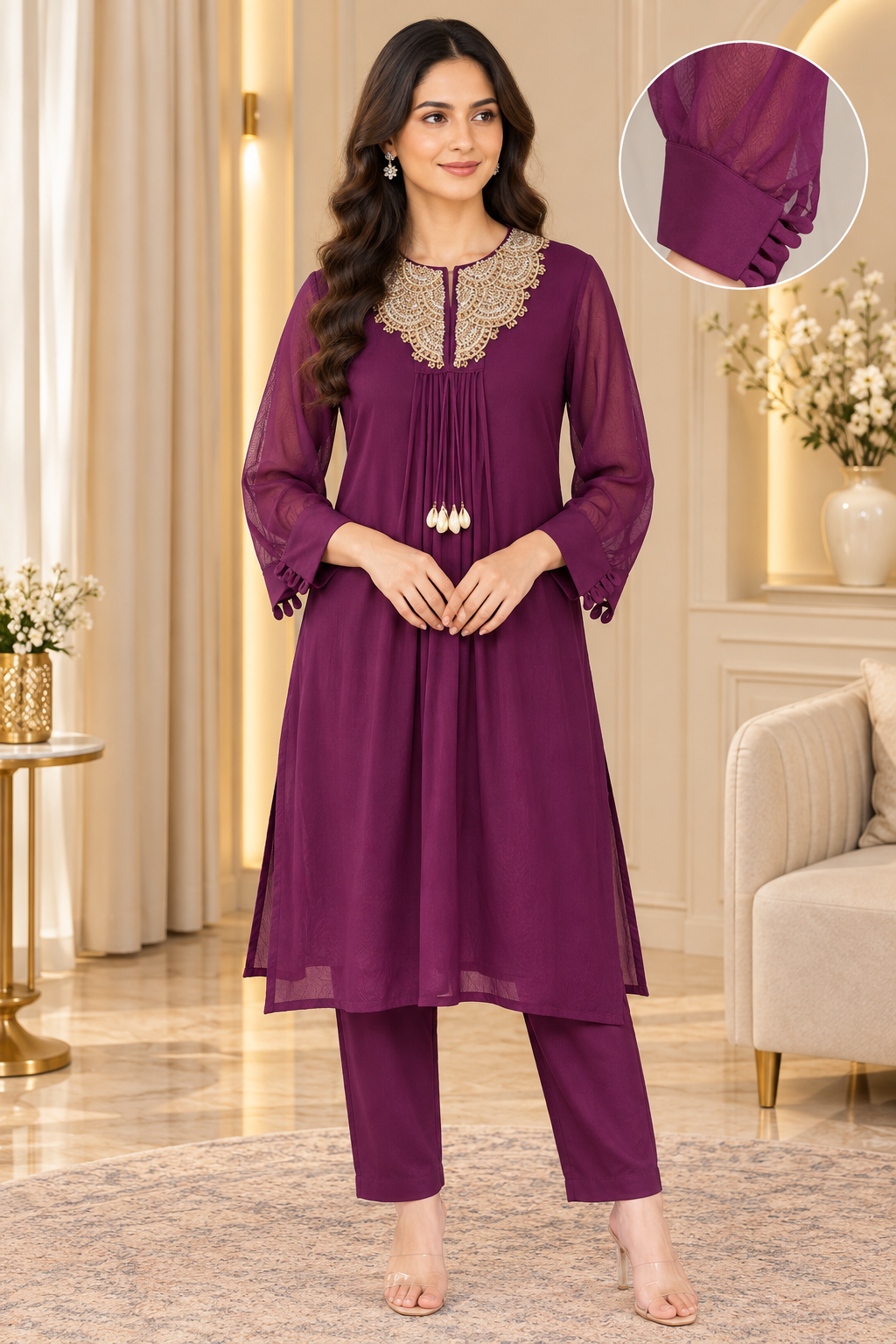 Purple Embroidered Neckline Georgette Co-Ord Set