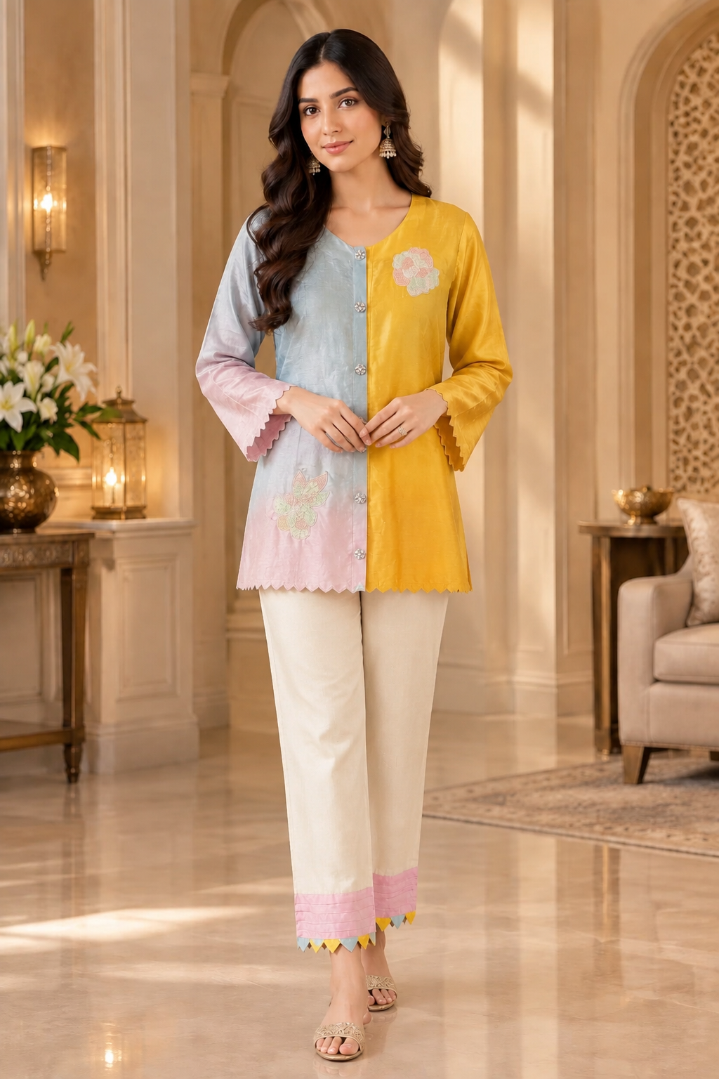 Mustard Yellow & Sky Blue Dual-Tone Embroidered Cotton Co-Ord Set