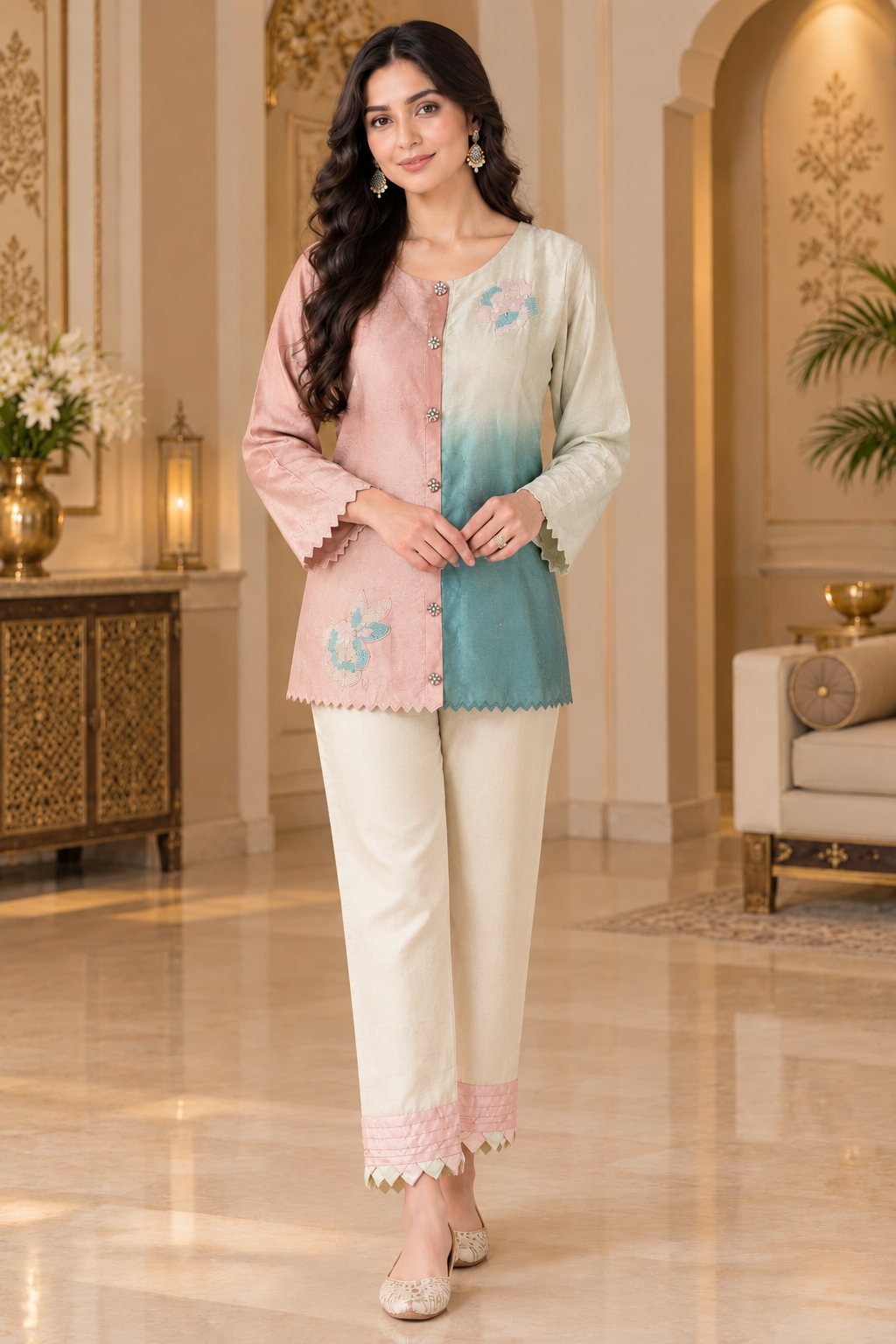 Pink & Sky Blue Dual-Tone Embroidered Cotton Co-Ord Set