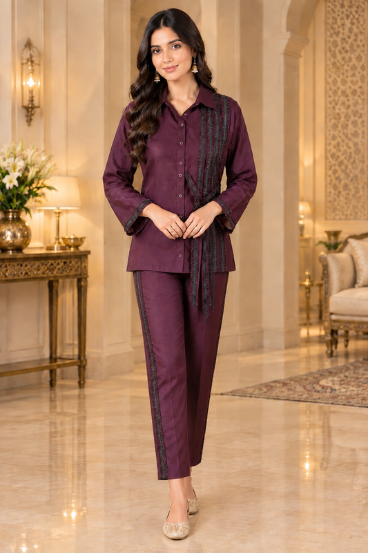 Deep Wine Embroidered Cotton Co-Ord Set