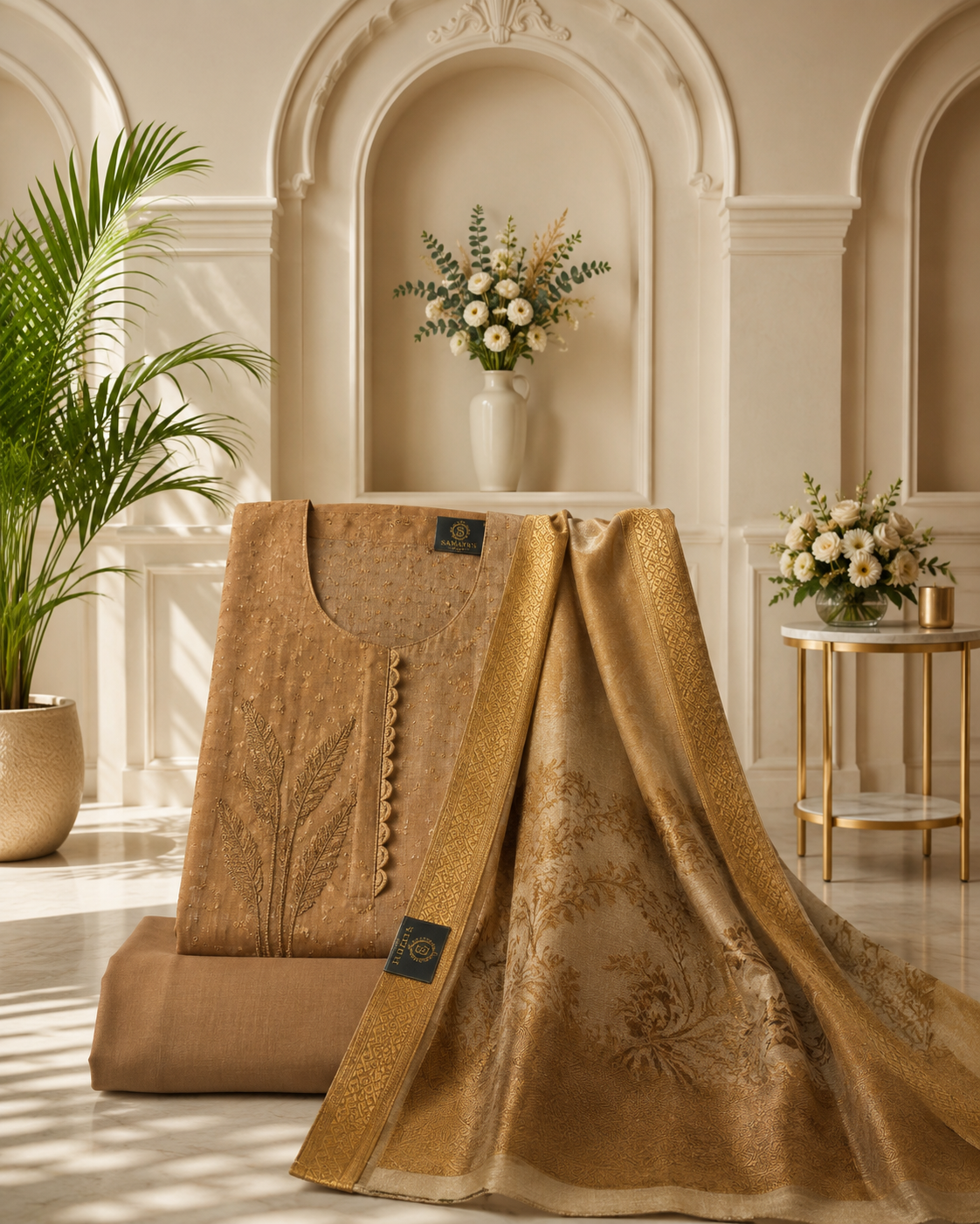 Golden Beige Roman Silk Blend Embroidered Suit Set