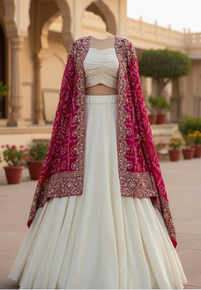 White lehenga with Pink  embroidery dupatta