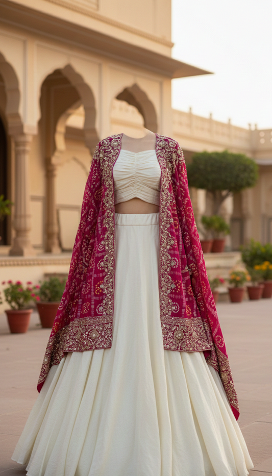White lehenga with Pink  embroidery dupatta