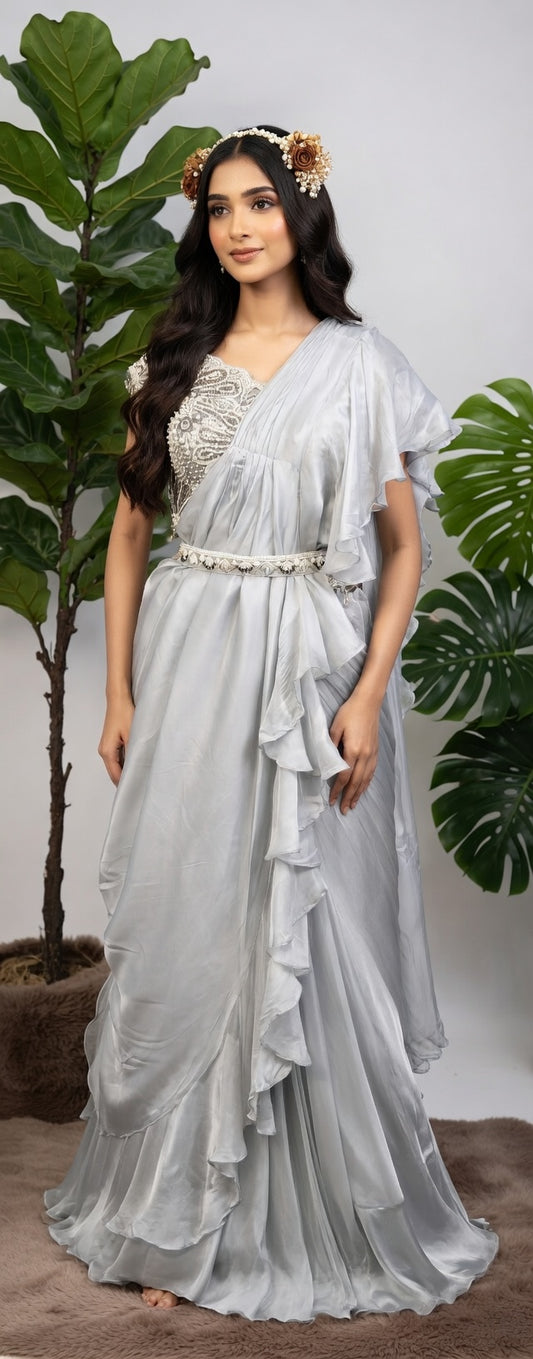 Grey Ready made Saaree