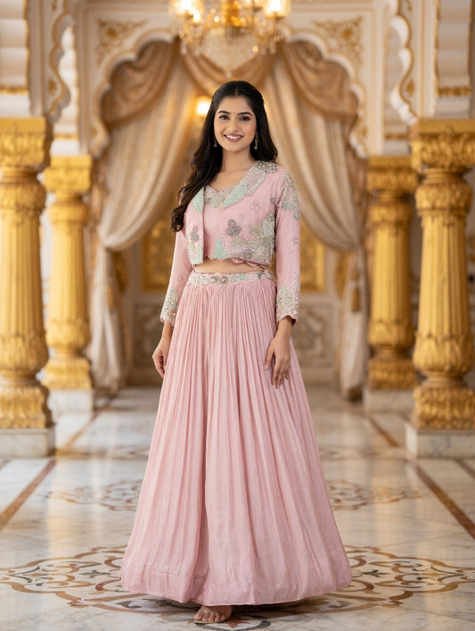 Baby pink lehenga with full sleeves blouse